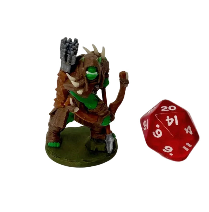 A colorful miniature figurine of an orc archer with a bow, positioned next to a red dice.